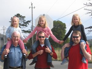 Albany, CA – summer 2009 With his Dad and brother-in-law Bruce Huber and the three Huber girls [L-R: Daisy (4), Emily (8)...