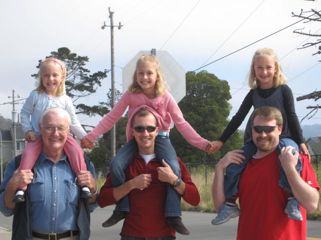 Albany, CA – summer 2009 With his Dad and brother-in-law Bruce Huber and the three Huber girls [L-R: Daisy (4), Emily (8)...